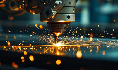 Laser CNC Machine Precise Cutting with Sparks Illuminating the Metal Surface