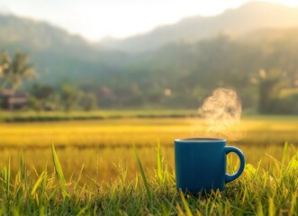 Enjoying Hot Coffee Mug in Natural Outdoor Rural Landscape Setting