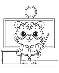 Coloring book  tiger teacher with a pointer, standing in front of a whiteboard and clock