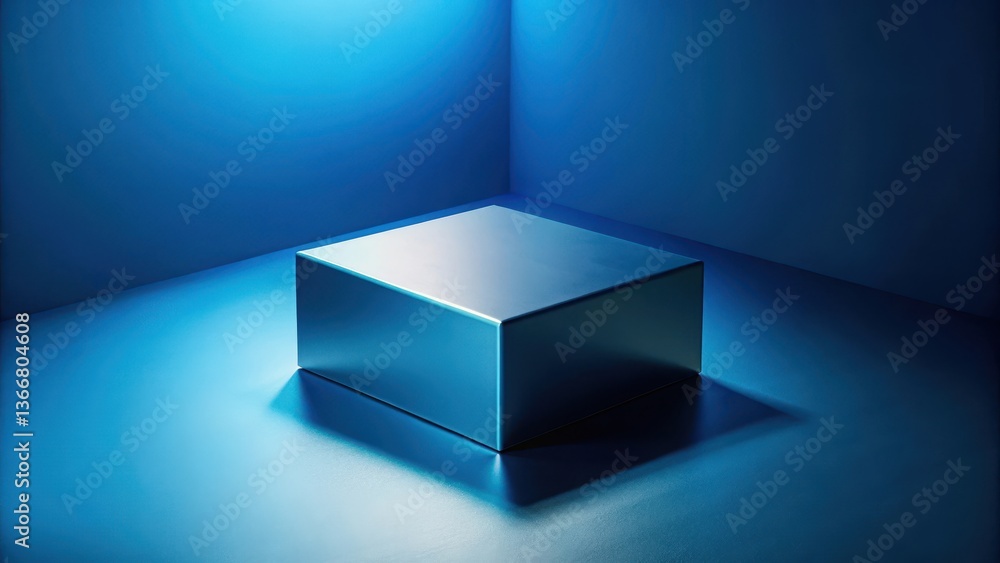 Wall mural a solitary, cobalt blue cube rests on a matching surface, illuminated by a soft, ethereal glow in a 