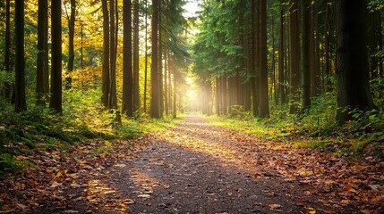 Fototapeta premium Narrow forest path with fallen leaves, sunbeams filtering through dense trees, peaceful nature walk
