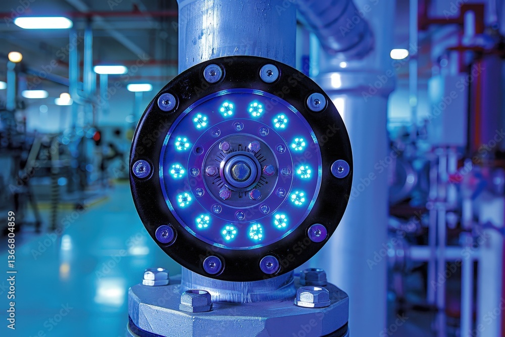 Poster a close-up of a circular metallic component with blue led lights, set in an industrial environment, 