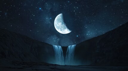 Fototapeta premium A floating moon above twin waterfalls falling in opposite directions, stars glowing in a cosmic balance