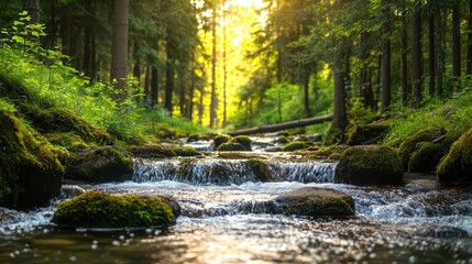Obraz premium Quiet forest stream with small cascades over rocks, mosscovered banks and soft sunlight filtering through trees