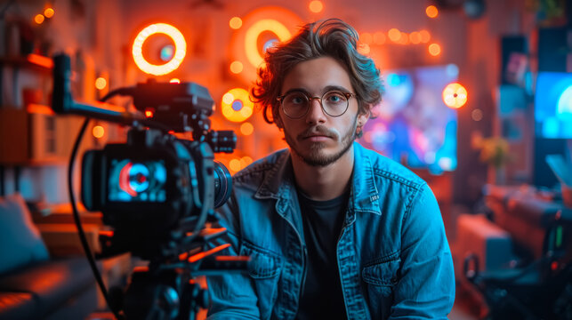 Videographer Behind the Camera in Neon Environment