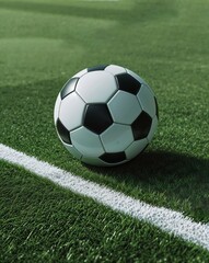 Classic Soccer Ball on Green Grass Field Near Sideline Marker