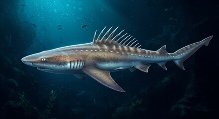 Fototapeta premium Swimming Cladoselache Shark in Deep Ocean with Light Rays Illustration