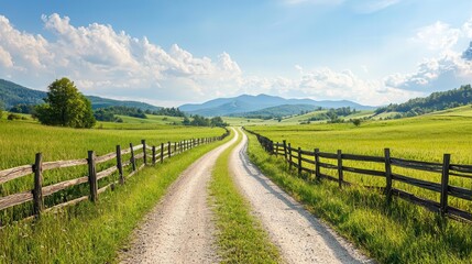 Remote country road with rustic wooden fences and grazing cows in the distance, peaceful farmland view
