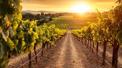 Obraz premium Rural dirt path leading through a vineyard, rows of grapevines stretching into the distance under golden light