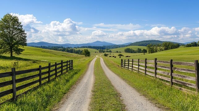 Remote country road with rustic wooden fences and grazing cows in the distance, peaceful farmland view