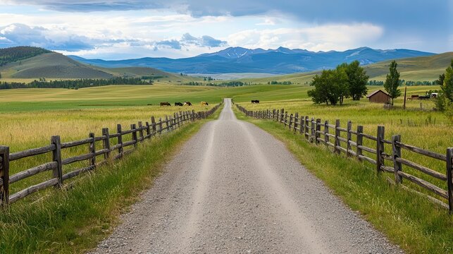 Remote country road with rustic wooden fences and grazing cows in the distance, peaceful farmland view