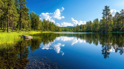 Obraz premium Serene lake with crystalclear reflections of a deep blue sky and surrounding pine forest, peaceful nature view