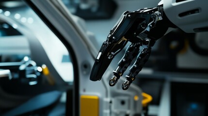 Fototapeta premium A robotic arm in an autonomous car factory, assembling AI-powered sensors with precision for autonomous vehicle systems, Automotive-tech style