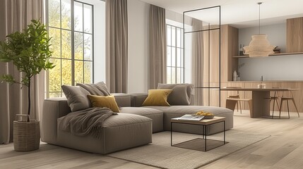 Modern minimalist living room with neutral tones, textured fabrics and sculptural decorative elements. A cozy interior design concept that creates a spacious and airy feeling.
