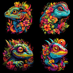 Obraz premium Vibrant lizard illustrations with colorful flowers and fantasy elements, bold and artistic animal portraits perfect for nature, jungle, wildlife, psychedelic, and creative design projects.