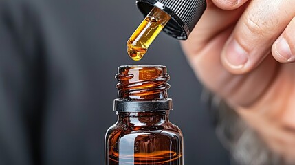 Close-up of a dropper dispensing oil from a brown glass bottle