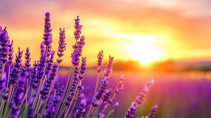 Naklejka premium Sunset over a lavender field in full bloom, vibrant purple flowers glowing under the warm golden light