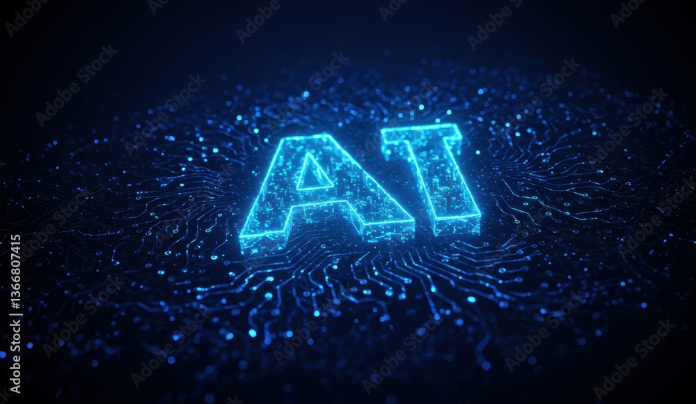 Poster blue neon glowing text 'at' with digital circuit patterns. represents artificial intelligence and mo