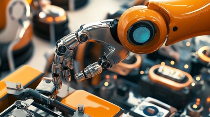 A robotic arm in an electric battery manufacturing plant, assembling lithium-ion battery cells with AI precision for energy storage, Battery-tech style