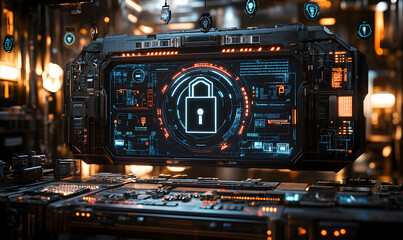Naklejka premium Futuristic Digital Security Interface with Padlock