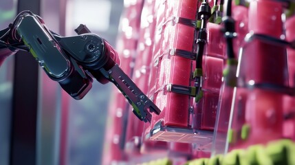 A robotic arm in an electric battery manufacturing plant, assembling lithium-ion battery cells with AI precision for energy storage, Battery-tech style