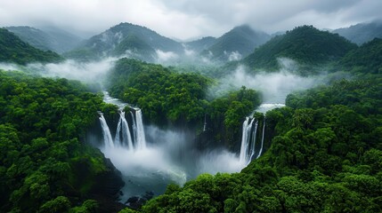 Fototapeta premium Thunderous waterfall during monsoon season, heavy mist filling the air, dense jungle surrounding the powerful flow