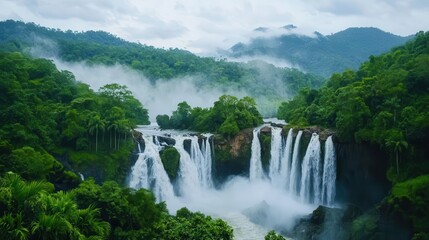 Fototapeta premium Thunderous waterfall during monsoon season, heavy mist filling the air, dense jungle surrounding the powerful flow