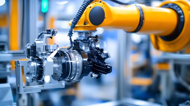 A robotic arm in an electric vehicle production plant, assembling motor components with AI precision for eco-friendly transport, EV-tech style