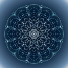 Esoteric digital mandala with glowing fractal pattern and cosmic symmetry on dark blue background. Spiritual Mandala with Radiant Pattern for Meditation and Yoga