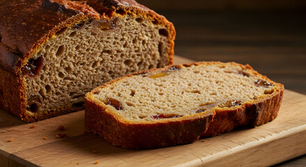 Closeup Sliced Raisin Loaf On Rustic Wooden Board