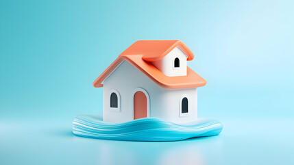 Small White House with Orange Roof Flooded by Blue Water