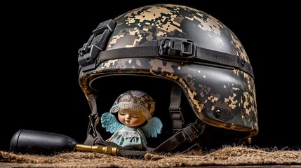 A military helmet with a doll resting inside, symbolizing peace and protection