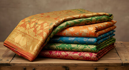 Stacked Colorful Indian Saris On Wooden Table