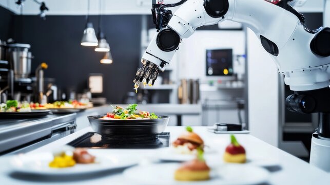 A robotic chef preparing a gourmet meal, futuristic smart kitchen with AI-driven cooking algorithms and precision robotic arms, High-tech style