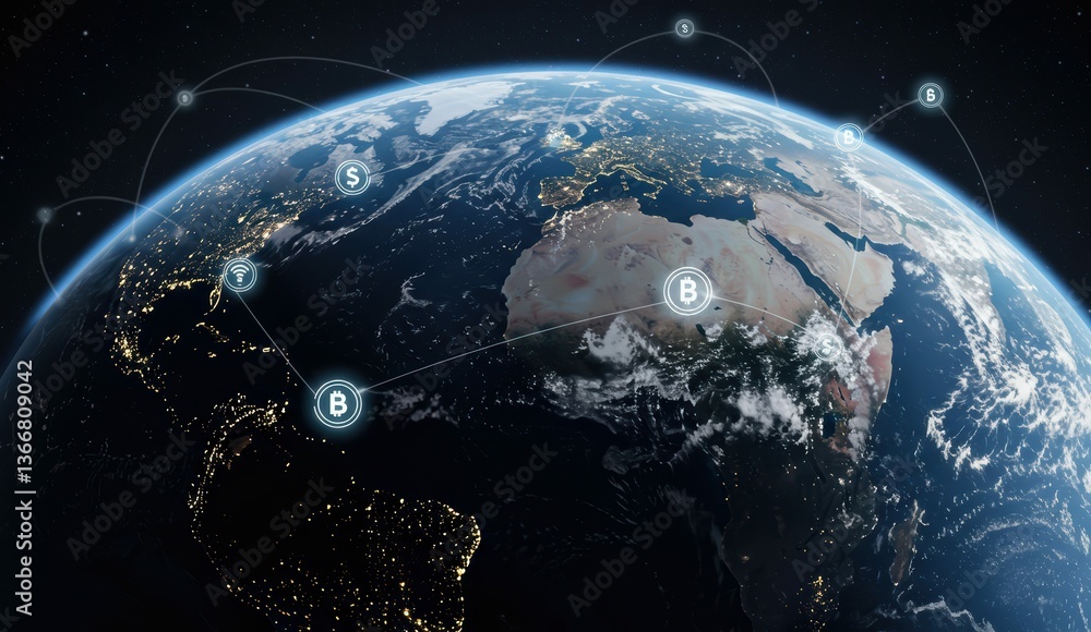 Poster satellite view of earth showing global digital connections and financial networks. concepts of globa