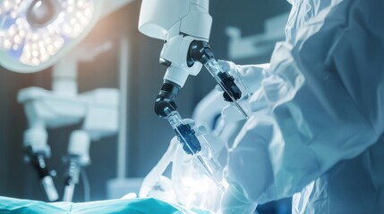A robotic surgeon performing AI assisted microsurgery, high-tech operating room with robotic precision arms and holographic medical imaging, High-tech style