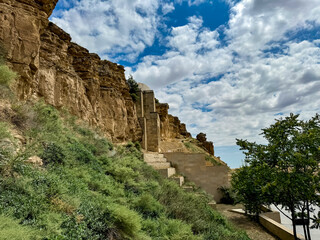 14th century Sufi mausoleum of Diri Baba - a sanctuary for Muslim thinkers escaping the society carved into the solid rock. Located in Shamakhi region of Azerbaijan, as seen in 2024.