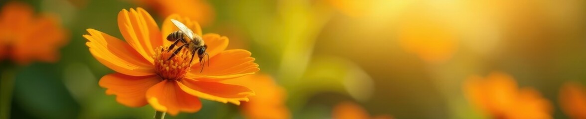 A bee sipping nectar from a bright orange flower, nature, sunshine