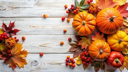 Festive autumn décor with pumpkins, berries, and leaves on a white wooden background. Perfect for fall