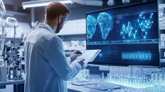 A scientist designing AI powered personalized medicine, futuristic pharmaceutical research lab with genetic analysis interfaces and smart drug synthesis machines, High-tech style