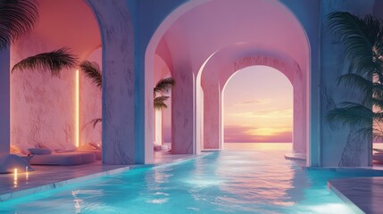 Sunset poolside retreat tropical oasis digital art serene environment aesthetic viewpoint relaxation concept