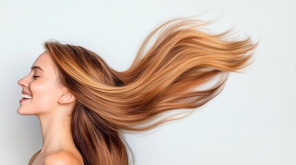 Naklejka premium Woman with long, flowing hair smiling against a light background