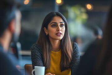 Young Indian woman make speech during group meeting, engaged in collaborative discussion in modern office room, take part at informal meeting or brainstorming session, strategy proposal, or feedback
