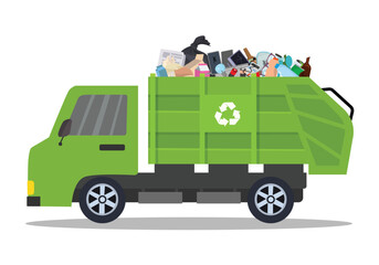 Garbage truck loaded with trash waste going to landfill