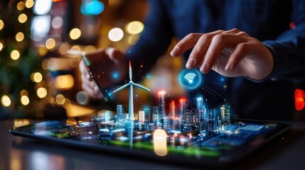 Obraz premium Futuristic smart city with renewable energy turbines and solar panels illuminated at night showcasing a vision of sustainable urban development and ecological innovation
