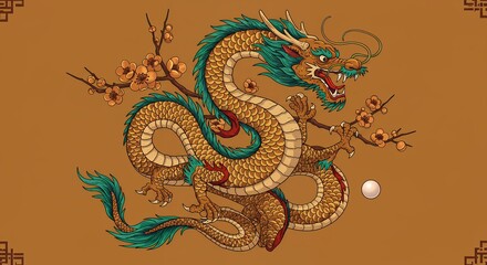 Obraz premium Detailed Golden Dragon with Floral Branches Illustration on Brown Background