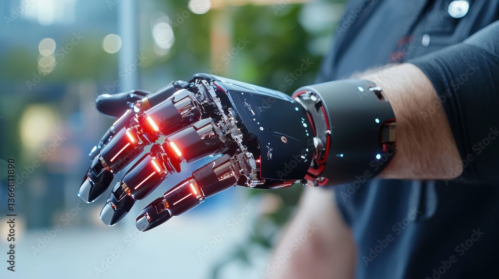 Poster close up view of a robotic cybernetic prosthetic hand with advanced futuristic technology showcasing