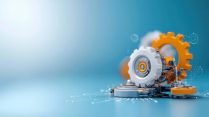 Mechanical gear system with orange and white cogwheels representing industry automation engineering progress and technological innovation  Conceptual image showcasing modern processes
