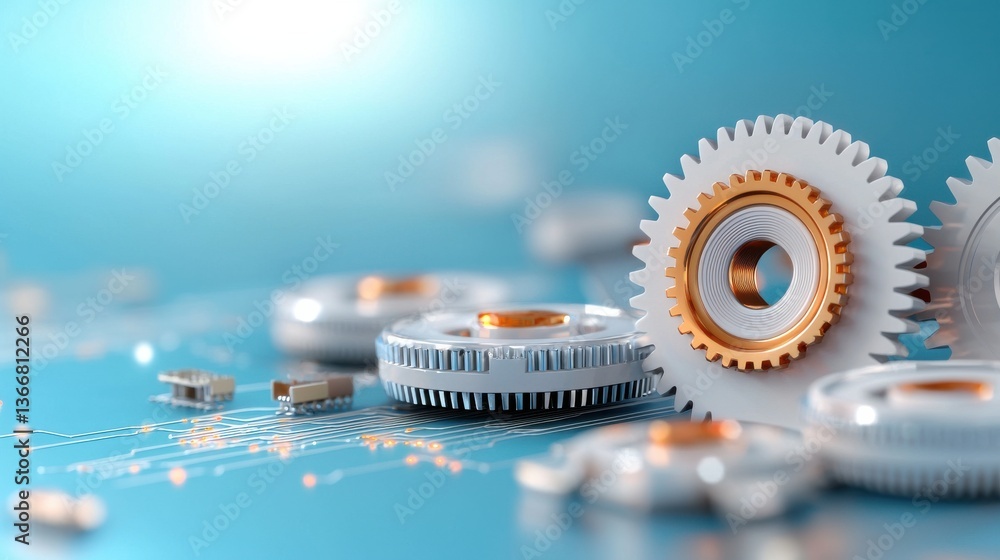 Poster closeup of complex interlocking mechanical gears cogs and parts in a metallic industrial engineering