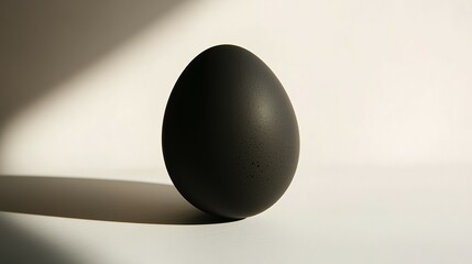 A dark colored egg standing alone on a simple white surface